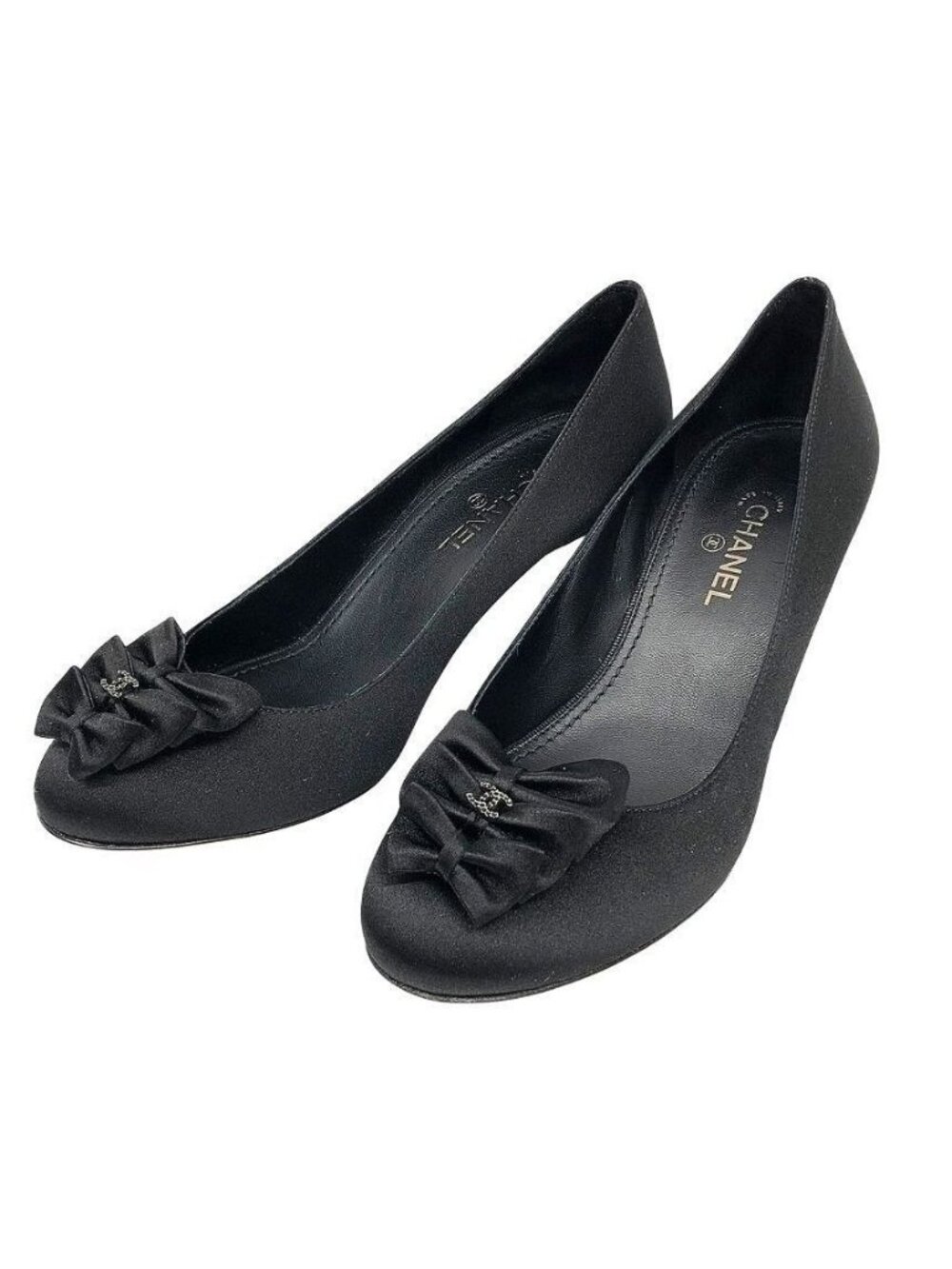 Chanel 13P Satin Ribbon Pumps Black C Shoes Vintage 35.5